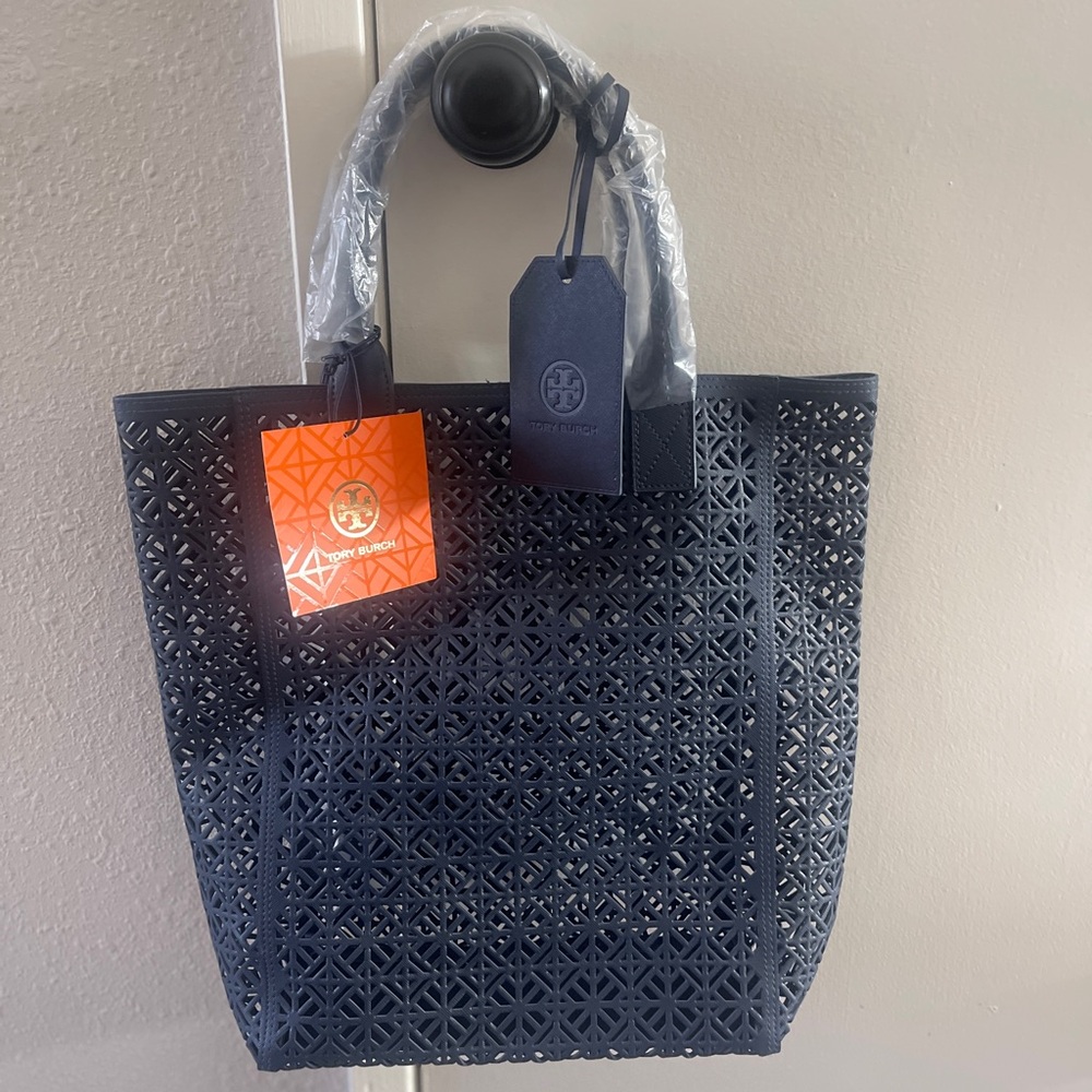 Tory Burch Lattice Perforated Navy Blue Tote Bag